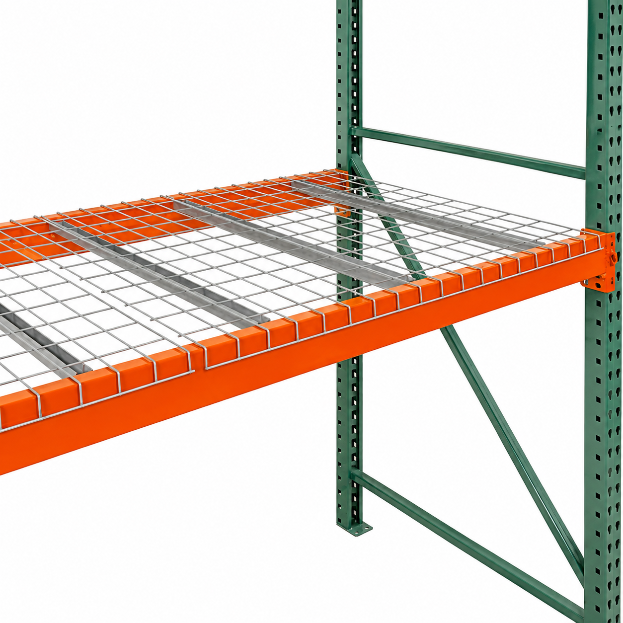 NAWL wire mesh decking installed on orange pallet rack beams