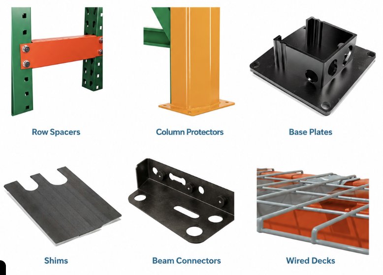 NAWL accessories — shims, base plates, safety pins, and anchors