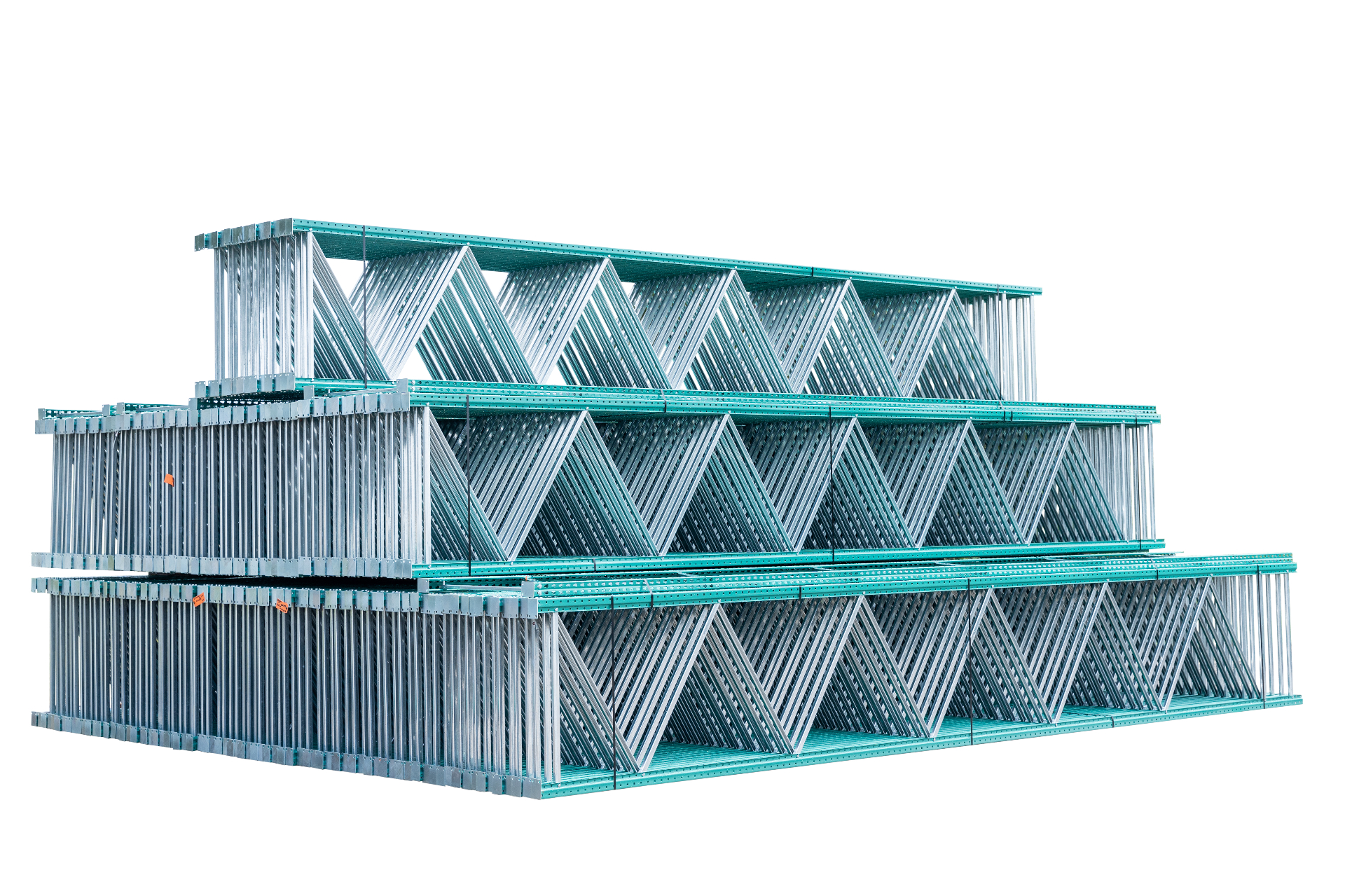 Stacked NAWL teardrop upright frames in green powder-coat
