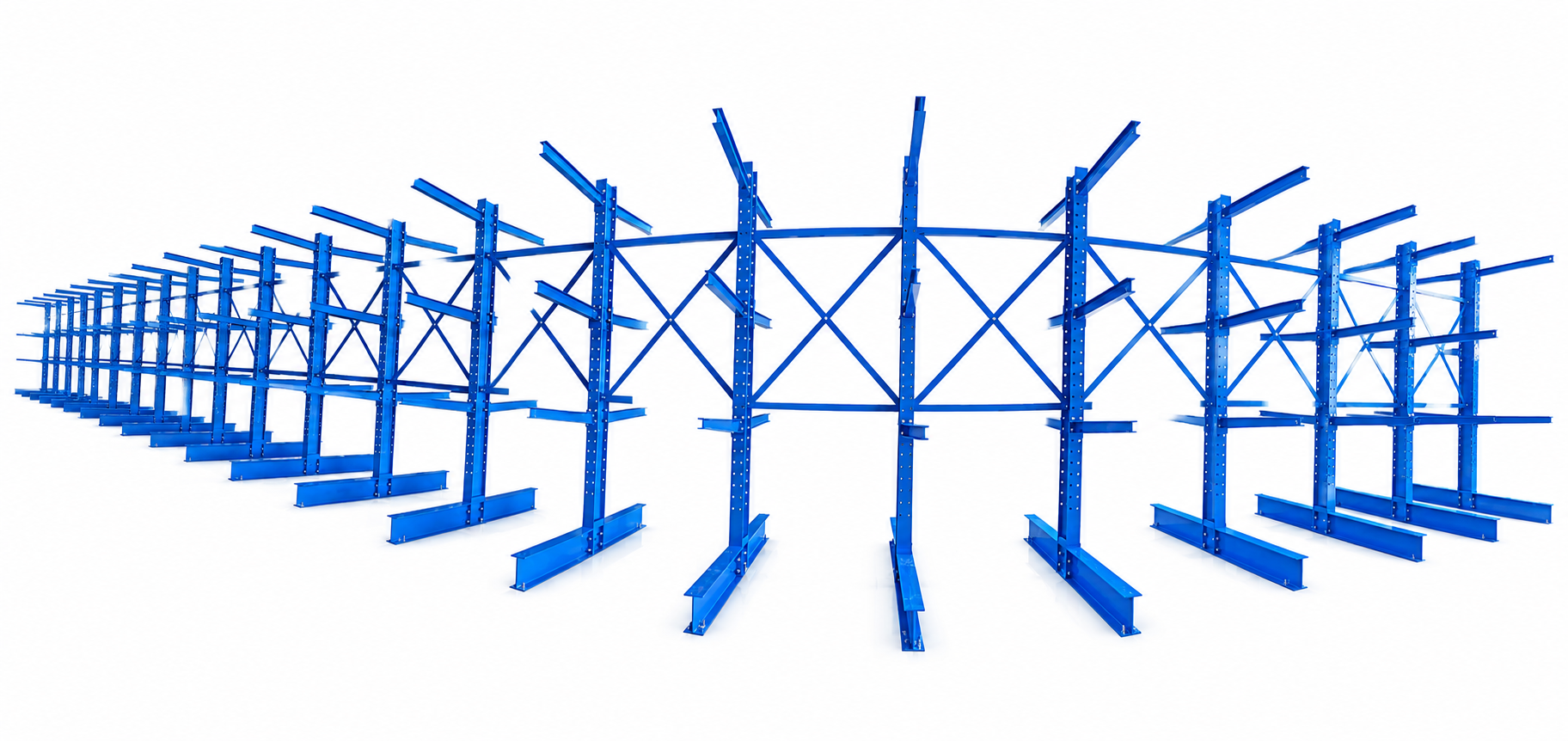 Long row of blue NAWL double-sided cantilever racks with diagonal cross bracing
