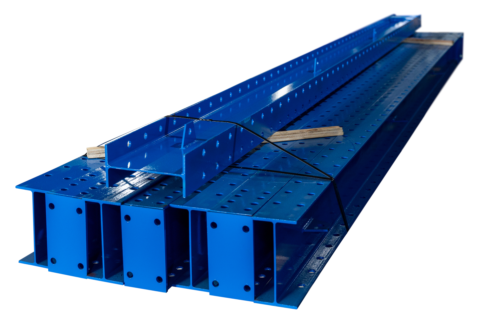 Close-up of blue NAWL cantilever rack columns and bases showing punched holes and bolt connections
