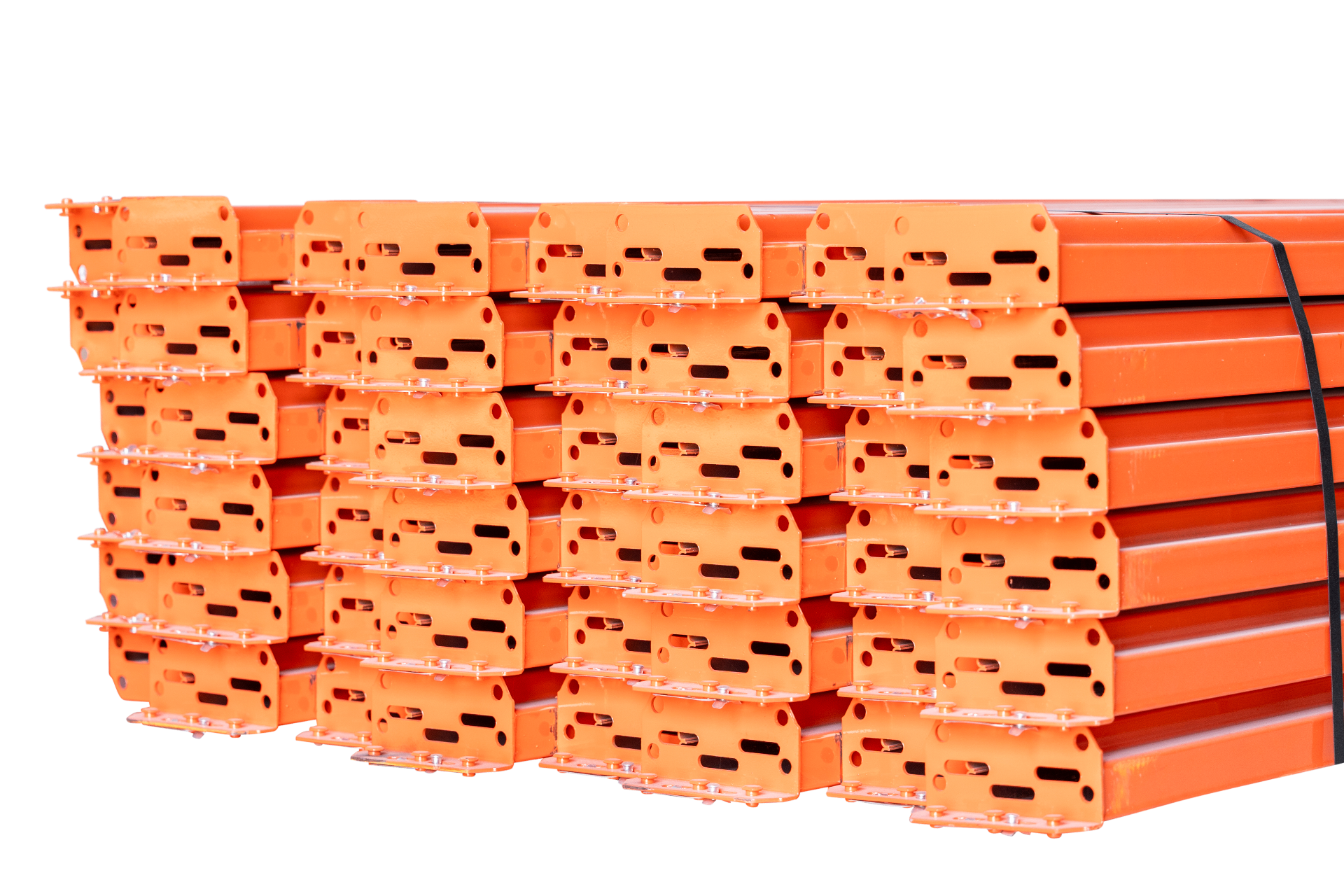 Close-up of orange pallet rack beam end connectors