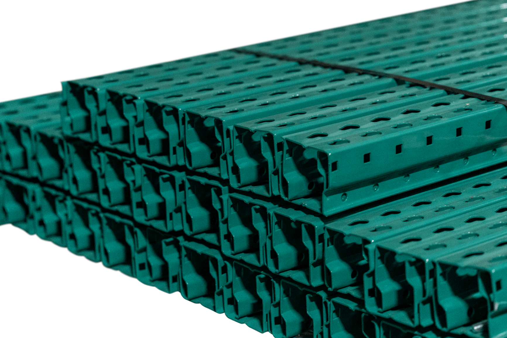 Close-up of green NAWL frame columns with teardrop punching