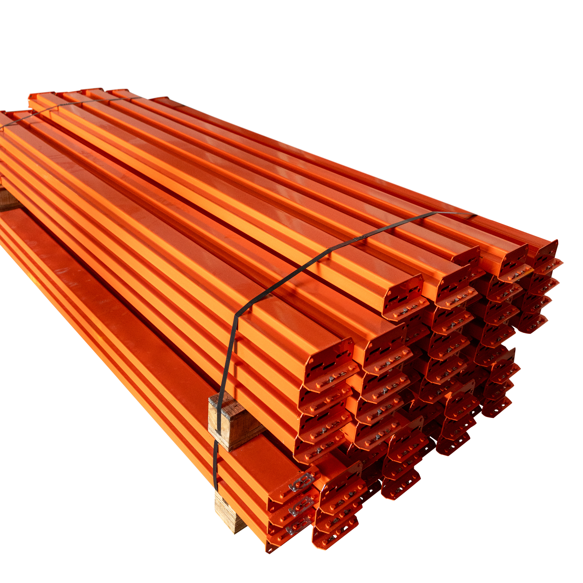 Bundled orange pallet rack beams showing side profile and connector plates