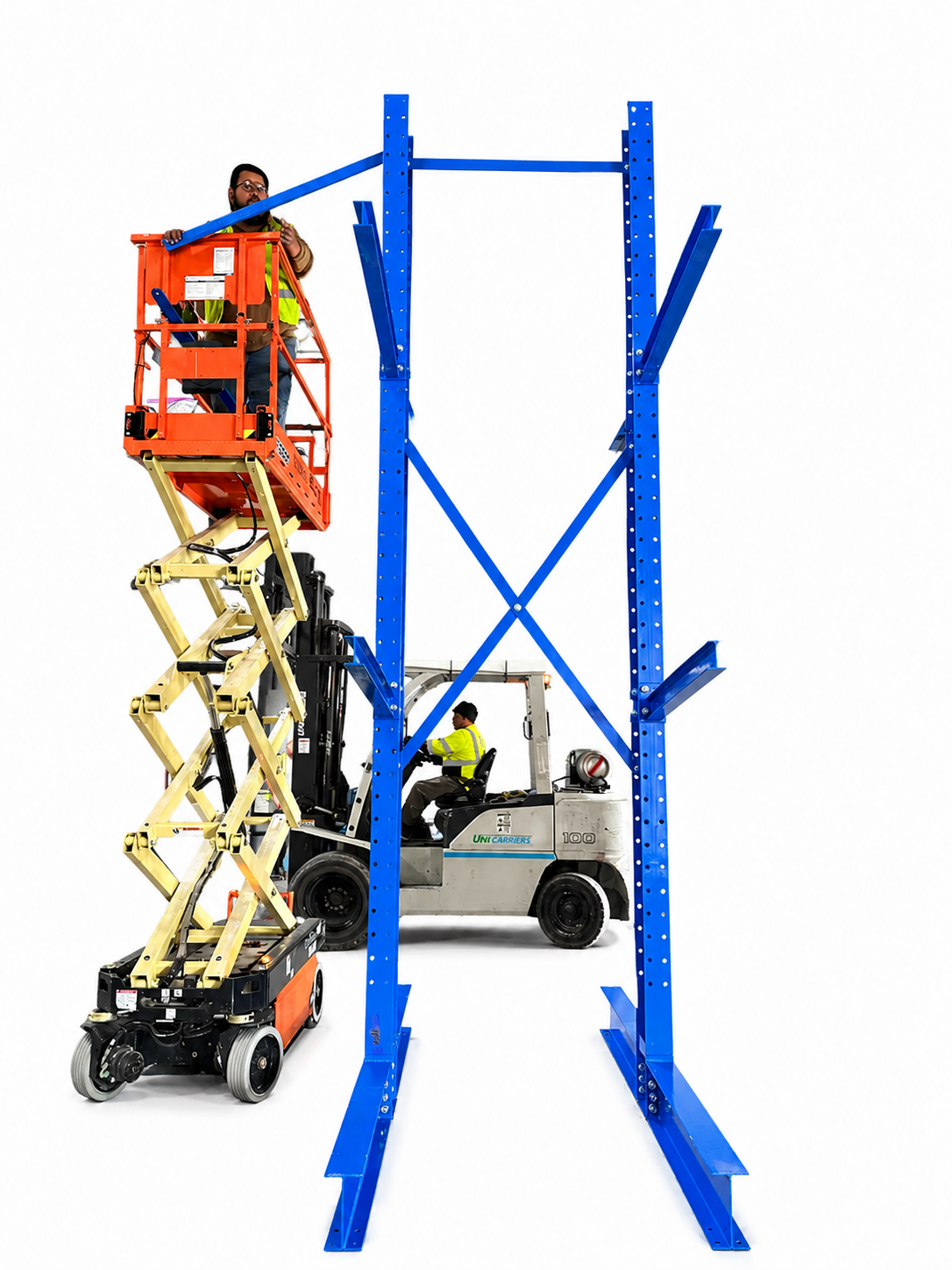 Tall single-sided blue NAWL cantilever rack being assembled with a scissor lift and forklift