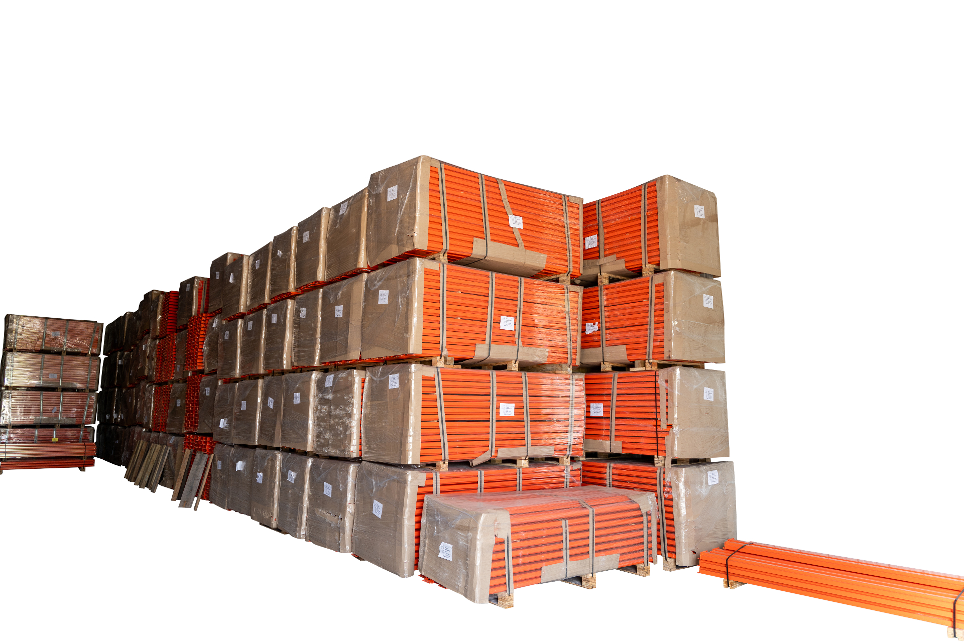 Warehouse inventory of NAWL orange pallet rack beams bundled on pallets
